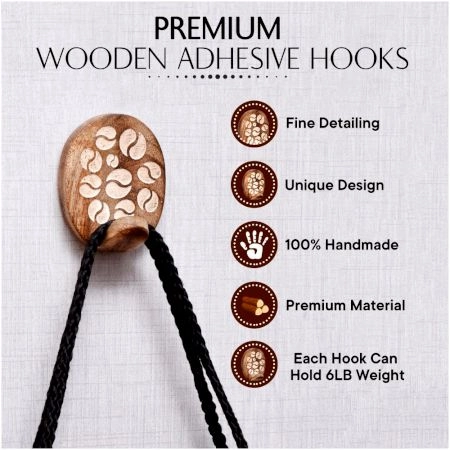 Wooden Brown Floral Sticky Hook for Wall- Pack of 6